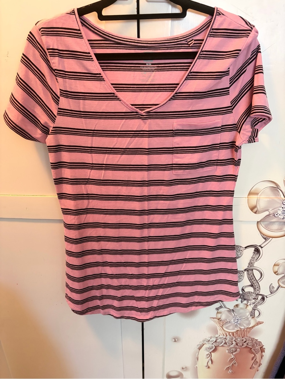 Tag Pink and Black Striped V-Neck Pocket Tee